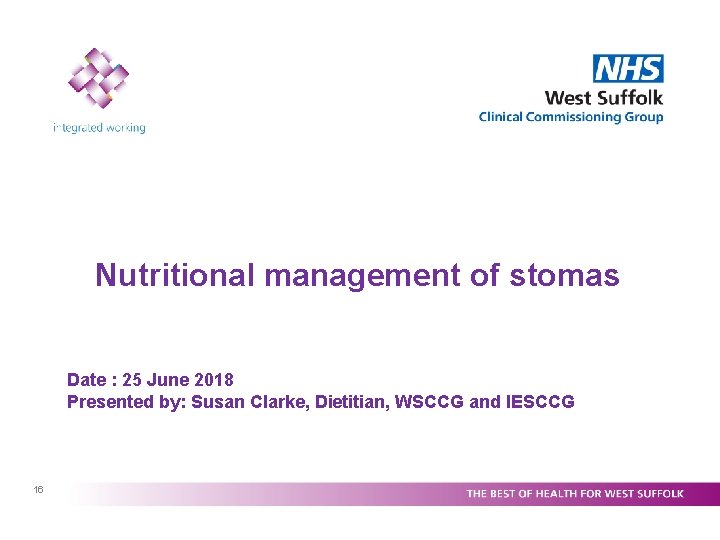 Nutritional management of stomas Date : 25 June 2018 Presented by: Susan Clarke, Dietitian,