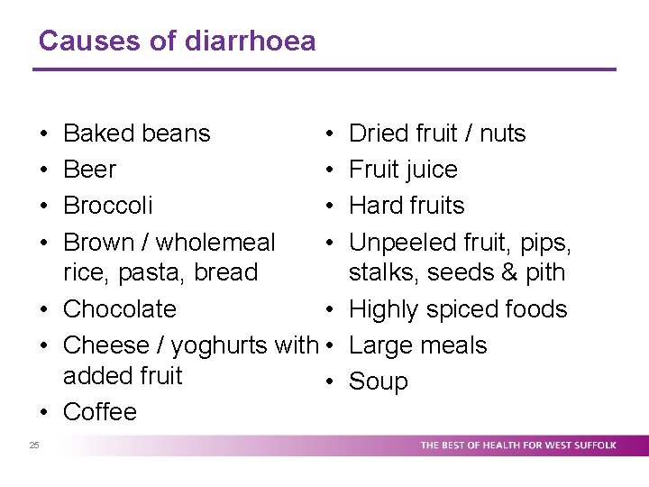 Causes of diarrhoea • Baked beans • Beer • Broccoli • Brown / wholemeal
