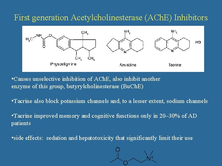 First generation Acetylcholinesterase (ACh. E) Inhibitors • Causes unselective inhibition of ACh. E, also