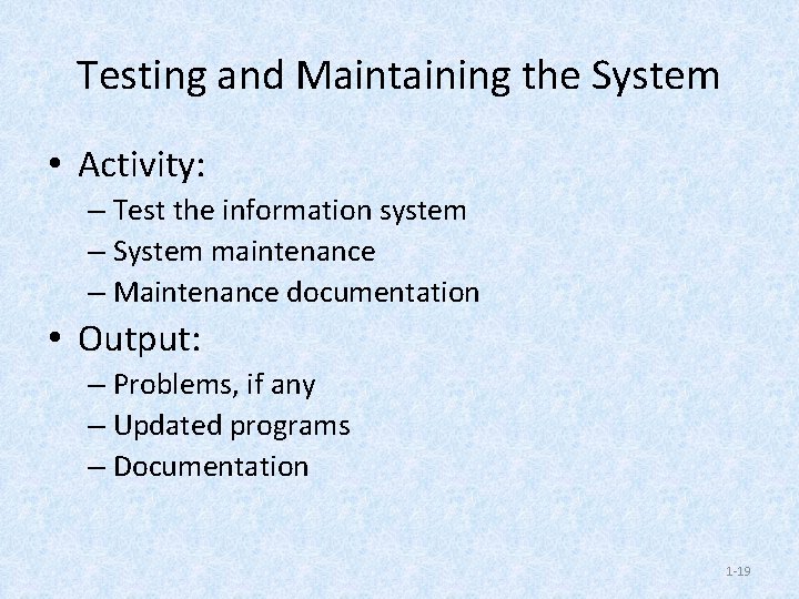 Testing and Maintaining the System • Activity: – Test the information system – System