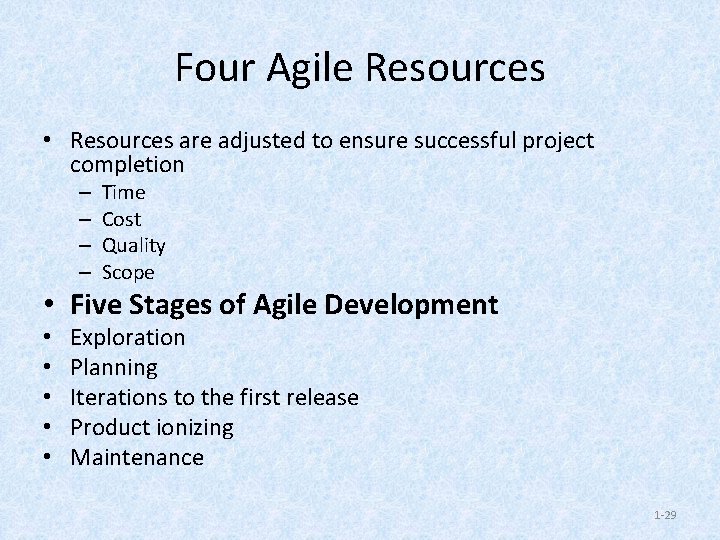 Four Agile Resources • Resources are adjusted to ensure successful project completion – –