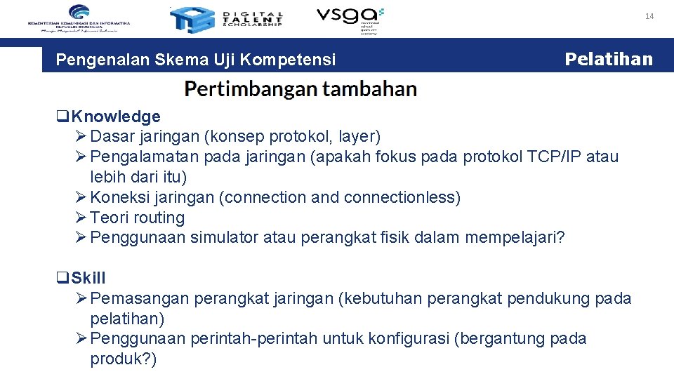 14 Pengenalan Skema Uji Kompetensi Pelatihan q. Knowledge Ø Dasar jaringan (konsep protokol, layer)