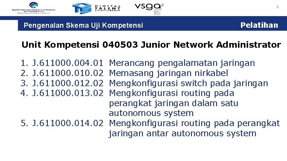 5 Pengenalan Skema Uji Kompetensi Pelatihan Unit Kompetensi 040503 Junior Network Administrator 1. 2.