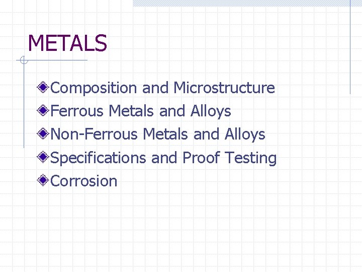 METALS Composition and Microstructure Ferrous Metals and Alloys Non-Ferrous Metals and Alloys Specifications and