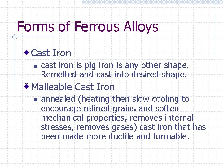 Forms of Ferrous Alloys Cast Iron n cast iron is pig iron is any