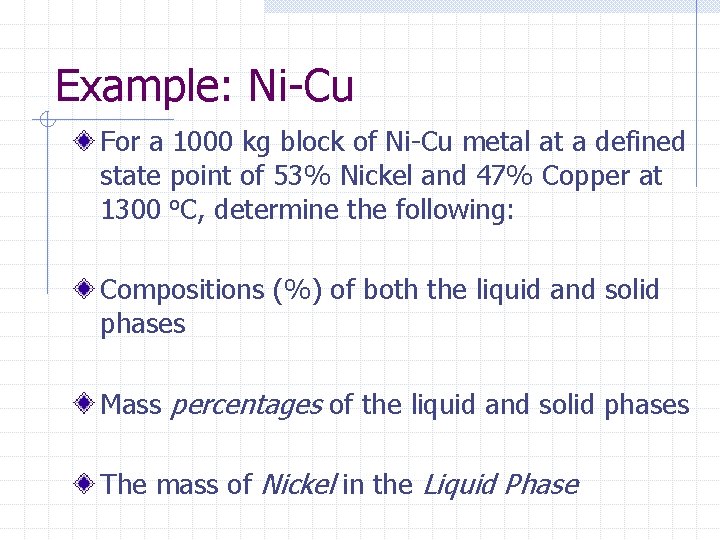 Example: Ni-Cu For a 1000 kg block of Ni-Cu metal at a defined state