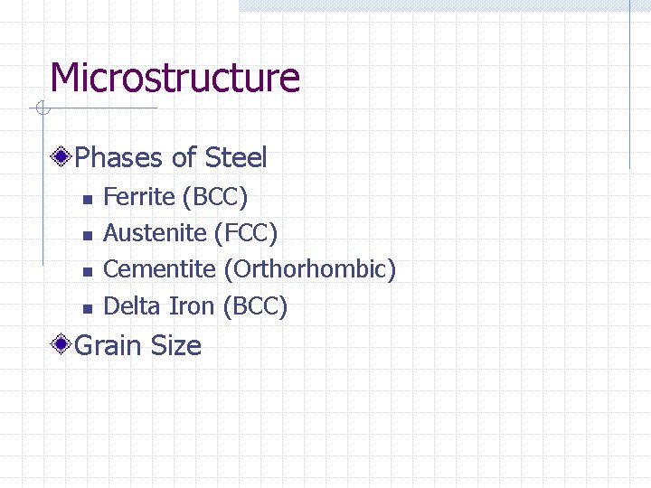 Microstructure Phases of Steel n n Ferrite (BCC) Austenite (FCC) Cementite (Orthorhombic) Delta Iron