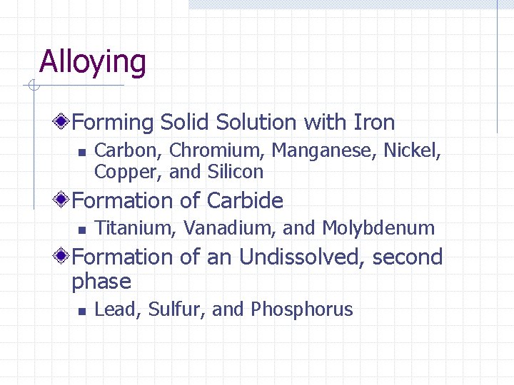 Alloying Forming Solid Solution with Iron n Carbon, Chromium, Manganese, Nickel, Copper, and Silicon