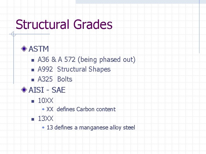 Structural Grades ASTM n n n A 36 & A 572 (being phased out)