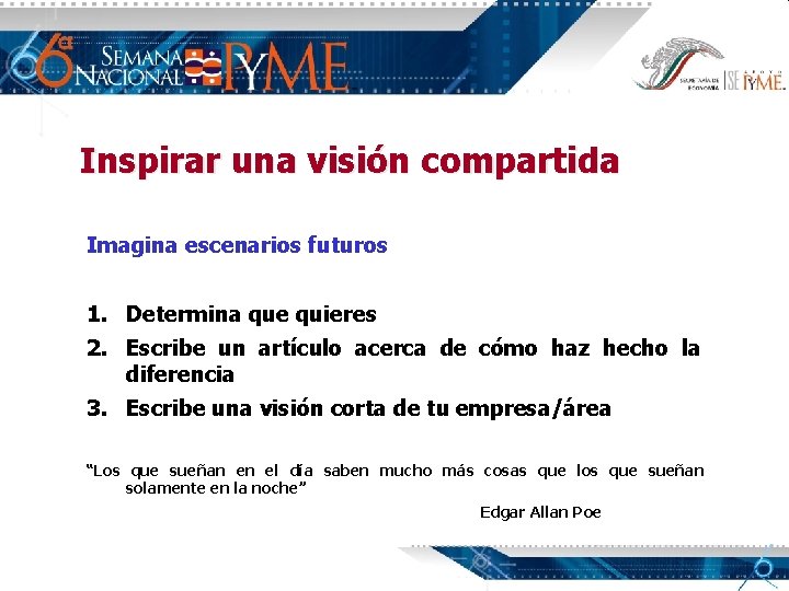Inspirar una visión compartida Imagina escenarios futuros 1. Determina que quieres 2. Escribe un