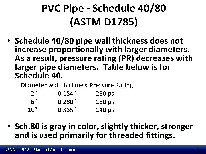 PVC Pipe - Schedule 40/80 (ASTM D 1785) • Schedule 40/80 pipe wall thickness