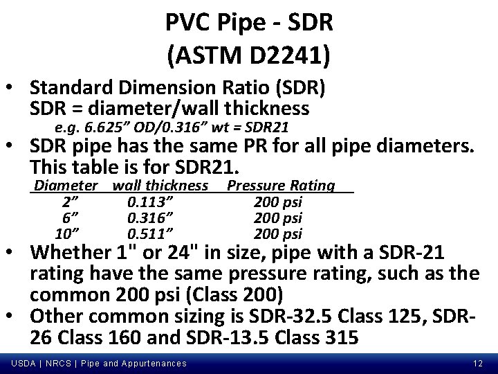 PVC Pipe - SDR (ASTM D 2241) • Standard Dimension Ratio (SDR) SDR =