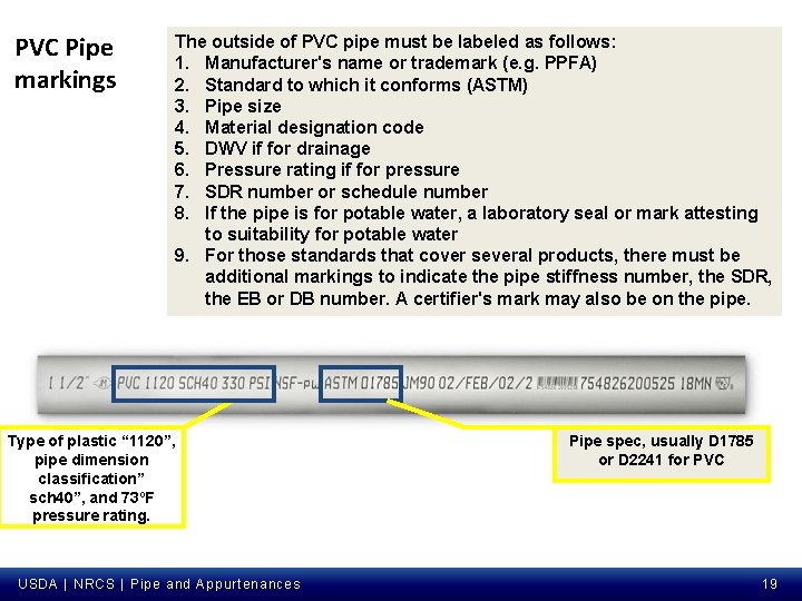 PVC Pipe markings The outside of PVC pipe must be labeled as follows: 1.