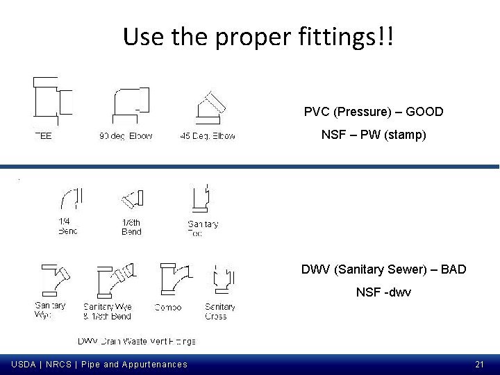 Use the proper fittings!! PVC (Pressure) – GOOD NSF – PW (stamp) DWV (Sanitary