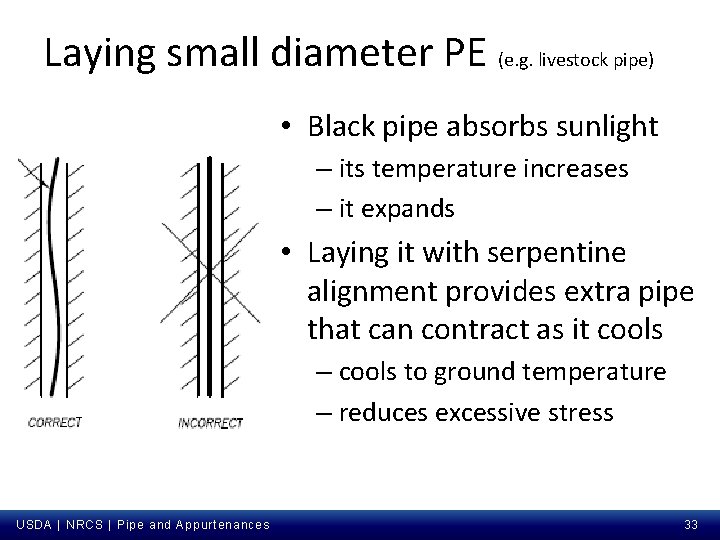 Laying small diameter PE (e. g. livestock pipe) • Black pipe absorbs sunlight –