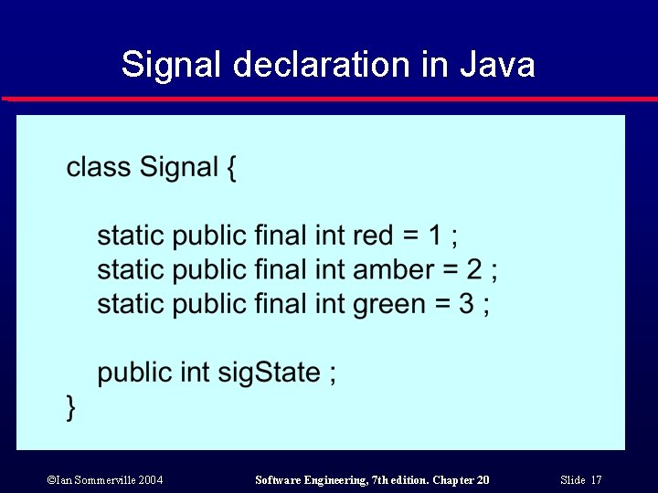 Signal declaration in Java ©Ian Sommerville 2004 Software Engineering, 7 th edition. Chapter 20