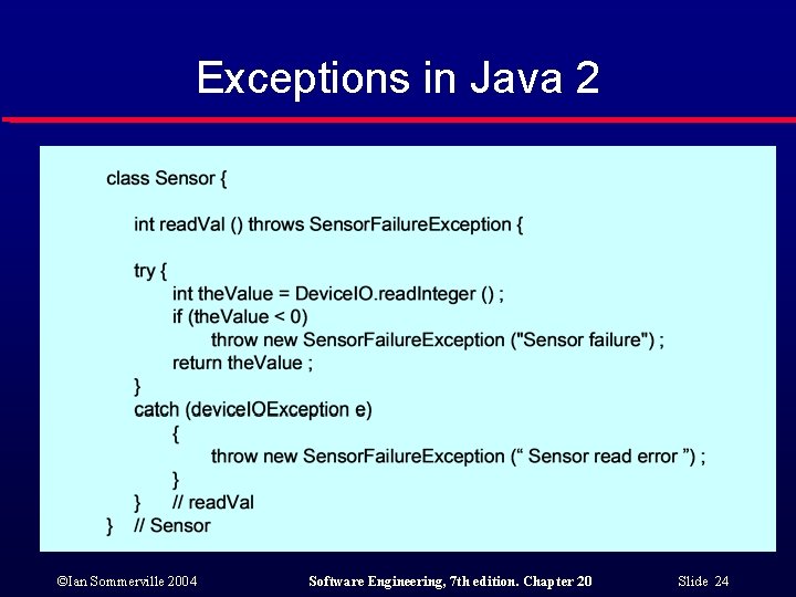 Exceptions in Java 2 ©Ian Sommerville 2004 Software Engineering, 7 th edition. Chapter 20