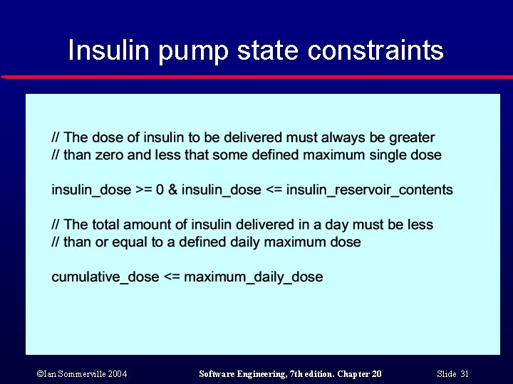 Insulin pump state constraints ©Ian Sommerville 2004 Software Engineering, 7 th edition. Chapter 20