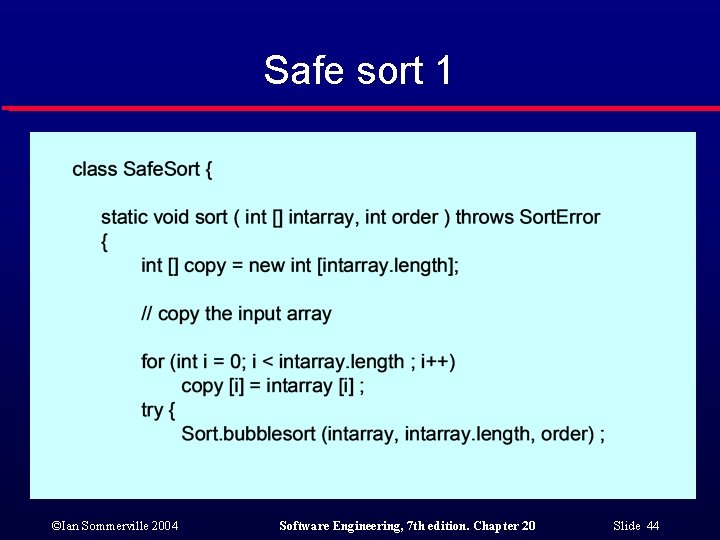 Safe sort 1 ©Ian Sommerville 2004 Software Engineering, 7 th edition. Chapter 20 Slide