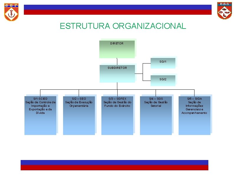 ESTRUTURA ORGANIZACIONAL DIRETOR SG/1 SUBDIRETOR SG/2 S/1 -SCIED Seção de Controle de Importação e