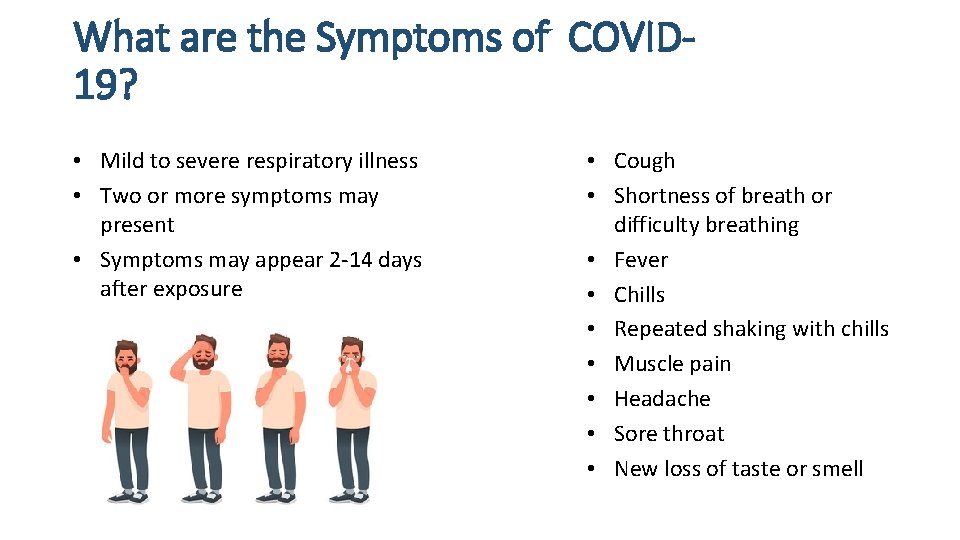 What are the Symptoms of COVID 19? • Mild to severe respiratory illness • What are the Symptoms of COVID 19? • Mild to severe respiratory illness •