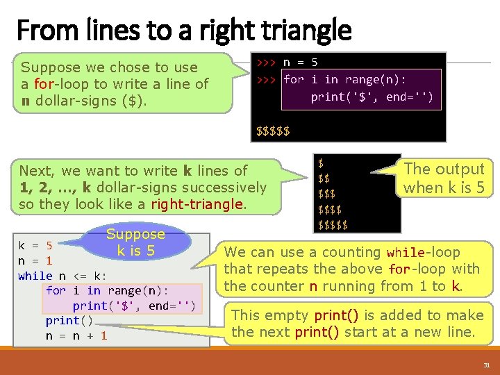 From lines to a right triangle Suppose we chose to use a for-loop to