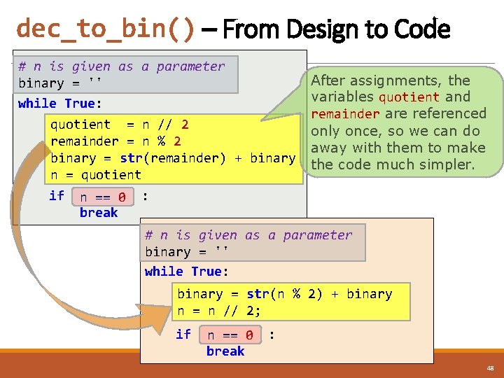 dec_to_bin() – From Design to Code # n is given as a parameter binary