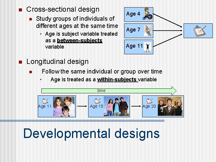 n Cross-sectional design n Study groups of individuals of different ages at the same