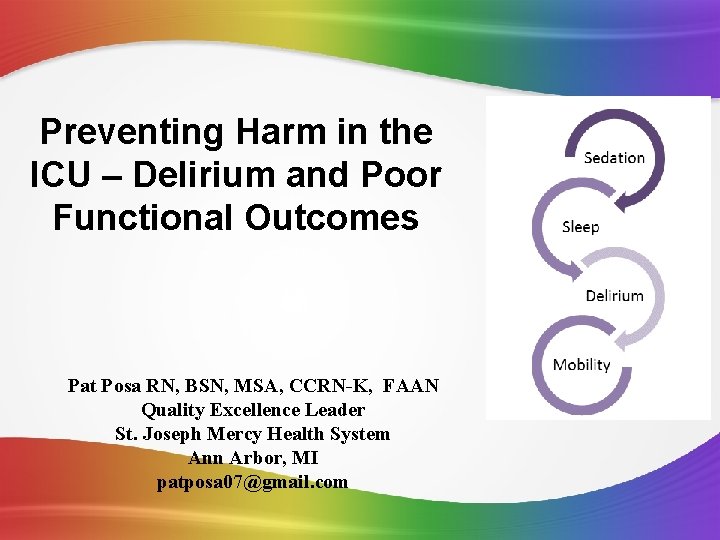 Preventing Harm in the ICU – Delirium and Poor Functional Outcomes Pat Posa RN,