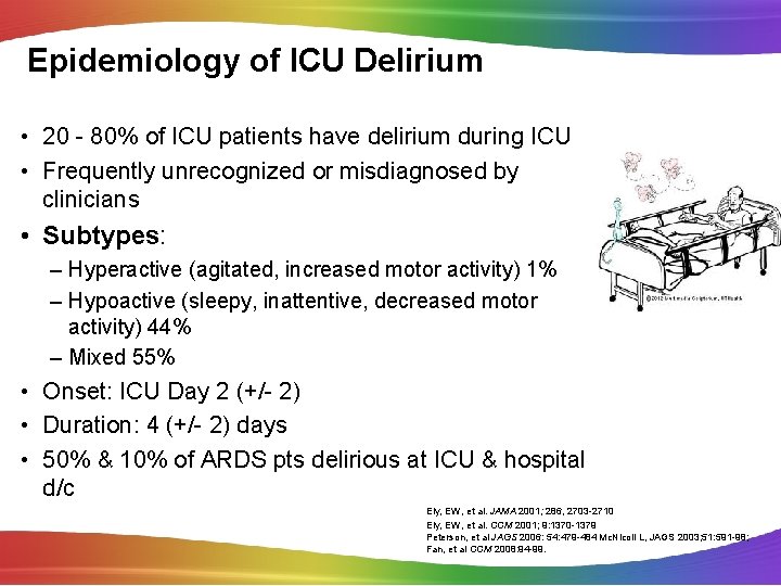 Epidemiology of ICU Delirium • 20 - 80% of ICU patients have delirium during