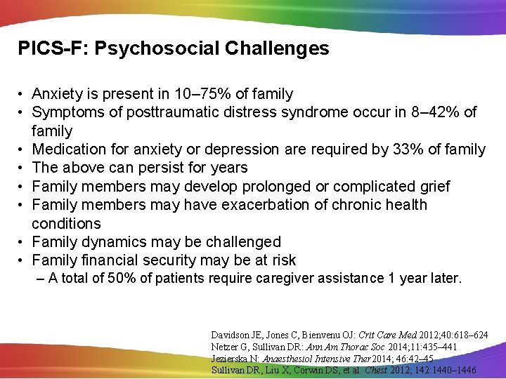 PICS-F: Psychosocial Challenges • Anxiety is present in 10– 75% of family • Symptoms