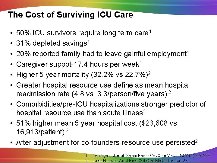 The Cost of Surviving ICU Care • • • 50% ICU survivors require long