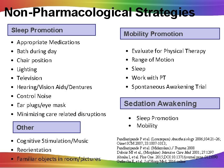 Non-Pharmacological Strategies Sleep Promotion • • • Appropriate Medications Bath during day Chair position