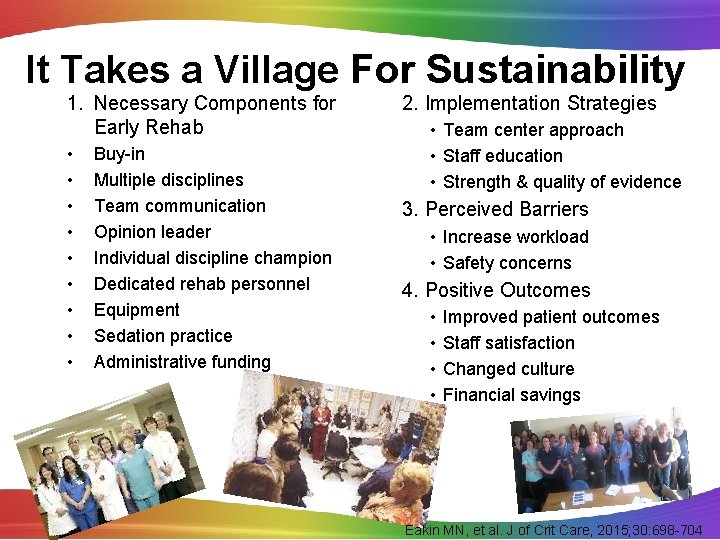 It Takes a Village For Sustainability 1. Necessary Components for Early Rehab • •