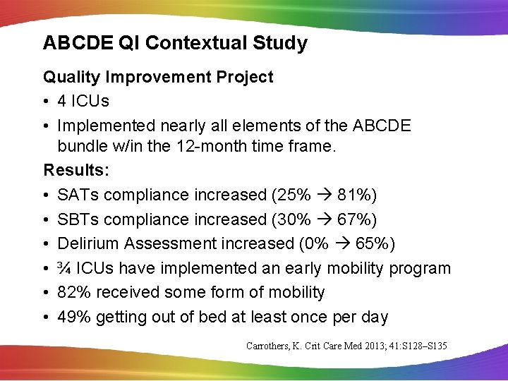 ABCDE QI Contextual Study Quality Improvement Project • 4 ICUs • Implemented nearly all