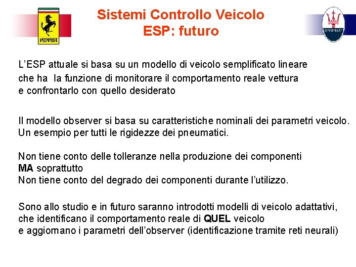 Sistemi Controllo Veicolo ESP: futuro L’ESP attuale si basa su un modello di veicolo