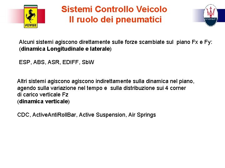 Sistemi Controllo Veicolo Il ruolo dei pneumatici Alcuni sistemi agiscono direttamente sulle forze scambiate