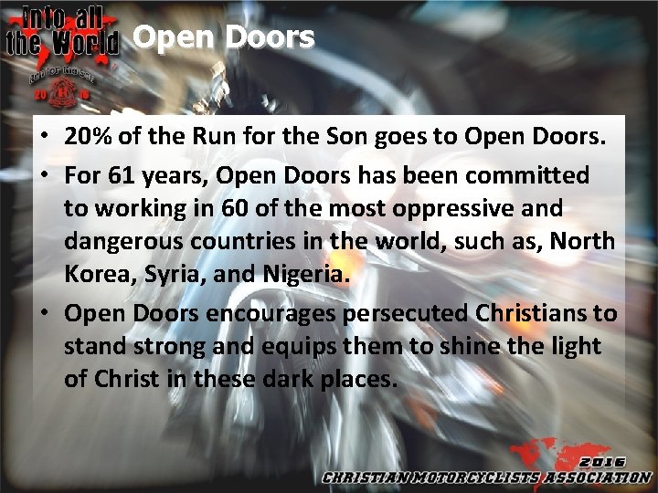 Open Doors • 20% of the Run for the Son goes to Open Doors.