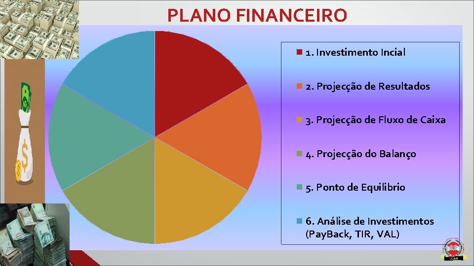PLANO FINANCEIRO 1. Investimento Incial 2. Projecção de Resultados 3. Projecção de Fluxo de PLANO FINANCEIRO 1. Investimento Incial 2. Projecção de Resultados 3. Projecção de Fluxo de