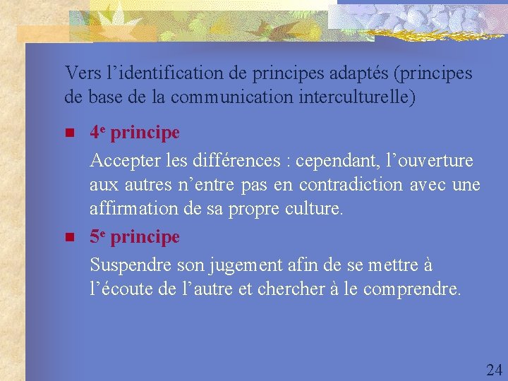 Vers l’identification de principes adaptés (principes de base de la communication interculturelle) n n