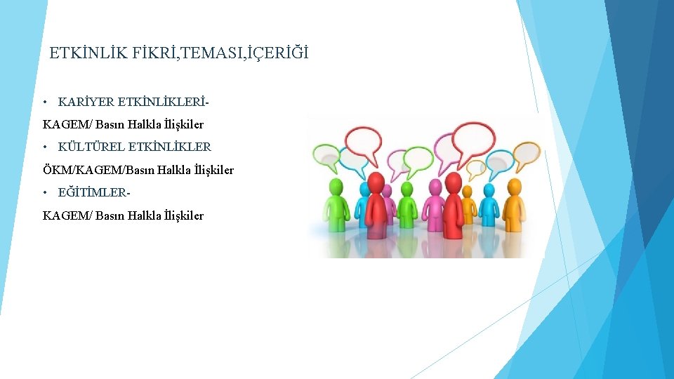 ETKİNLİK FİKRİ, TEMASI, İÇERİĞİ • KARİYER ETKİNLİKLERİKAGEM/ Basın Halkla İlişkiler • KÜLTÜREL ETKİNLİKLER ÖKM/KAGEM/Basın