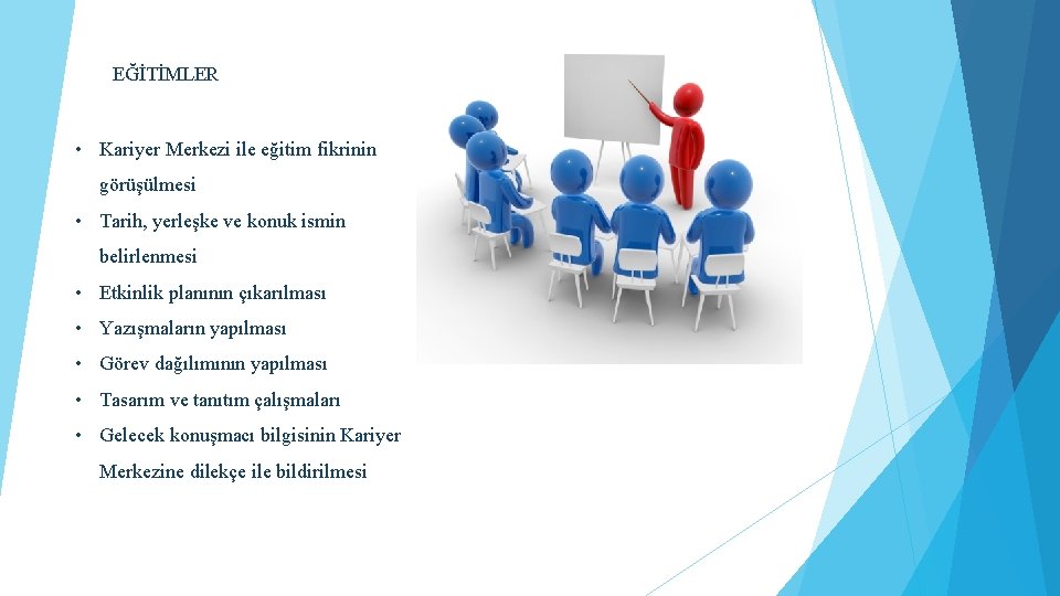 EĞİTİMLER • Kariyer Merkezi ile eğitim fikrinin görüşülmesi • Tarih, yerleşke ve konuk ismin