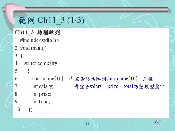 範例 Ch 11_3 (1/3) Ch 11_3 結構陣列 1 #include<stdio. h> 2 void main( )