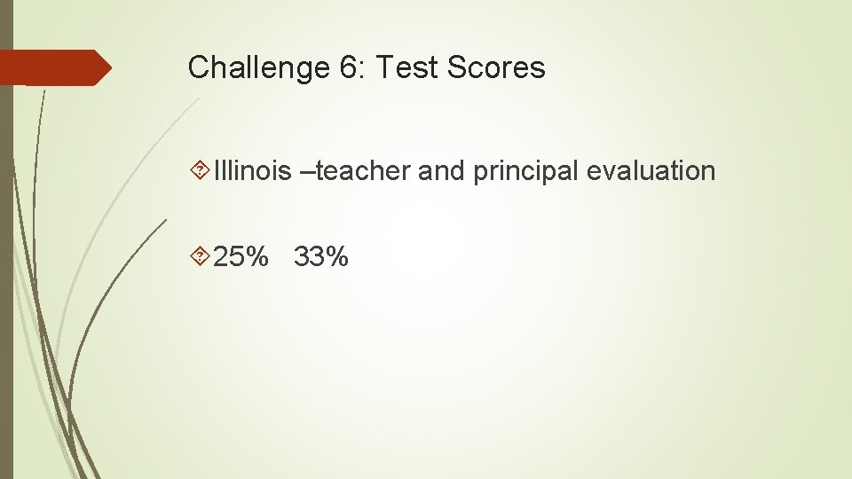 Challenge 6: Test Scores Illinois –teacher and principal evaluation 25% 33% 