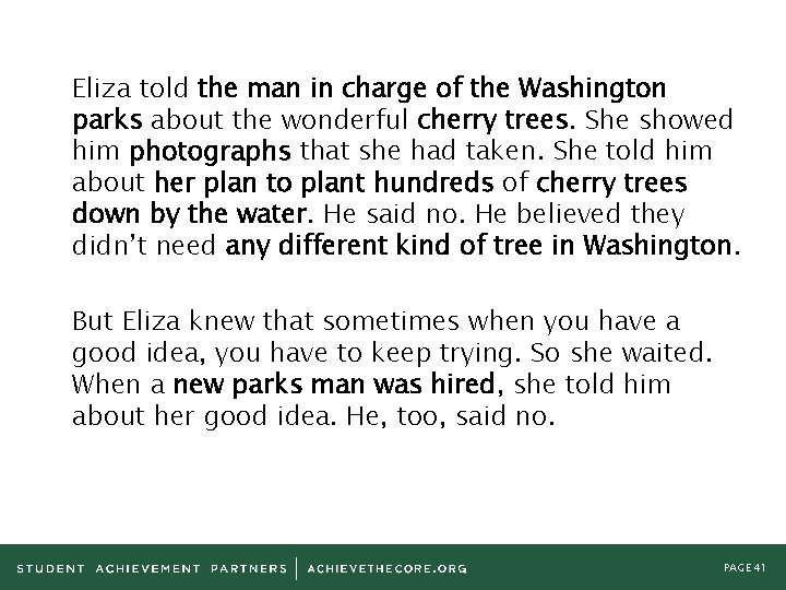 Eliza told the man in charge of the Washington parks about the wonderful cherry