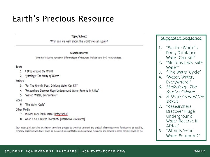 Earth’s Precious Resource Suggested Sequence 1. “For the World’s Poor, Drinking Water Can Kill”
