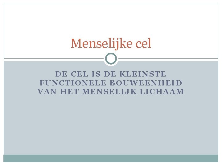 Menselijke cel DE CEL IS DE KLEINSTE FUNCTIONELE BOUWEENHEID VAN HET MENSELIJK LICHAAM 