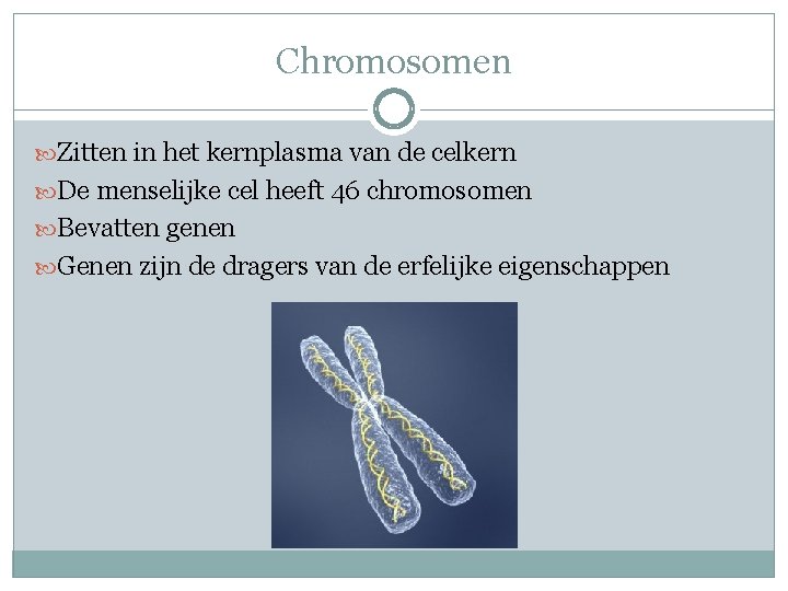Chromosomen Zitten in het kernplasma van de celkern De menselijke cel heeft 46 chromosomen