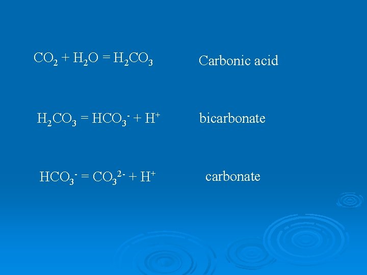 CO 2 + H 2 O = H 2 CO 3 Carbonic acid H