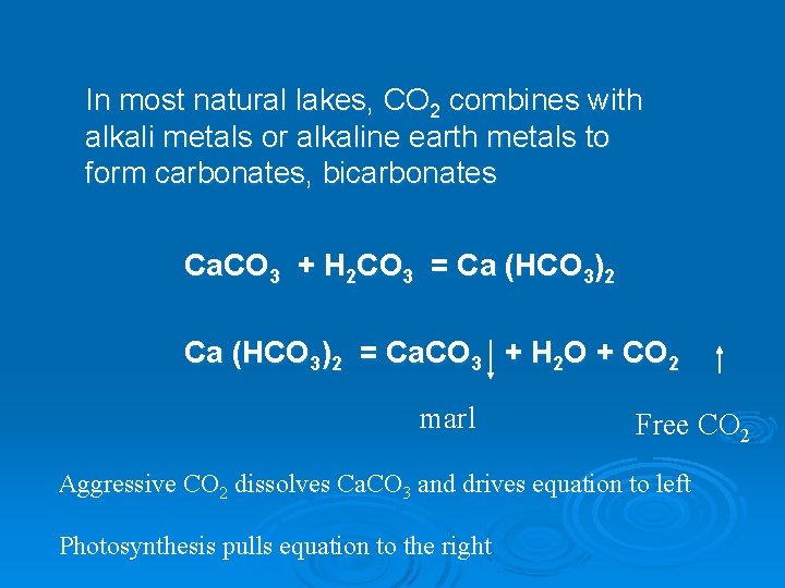 In most natural lakes, CO 2 combines with alkali metals or alkaline earth metals